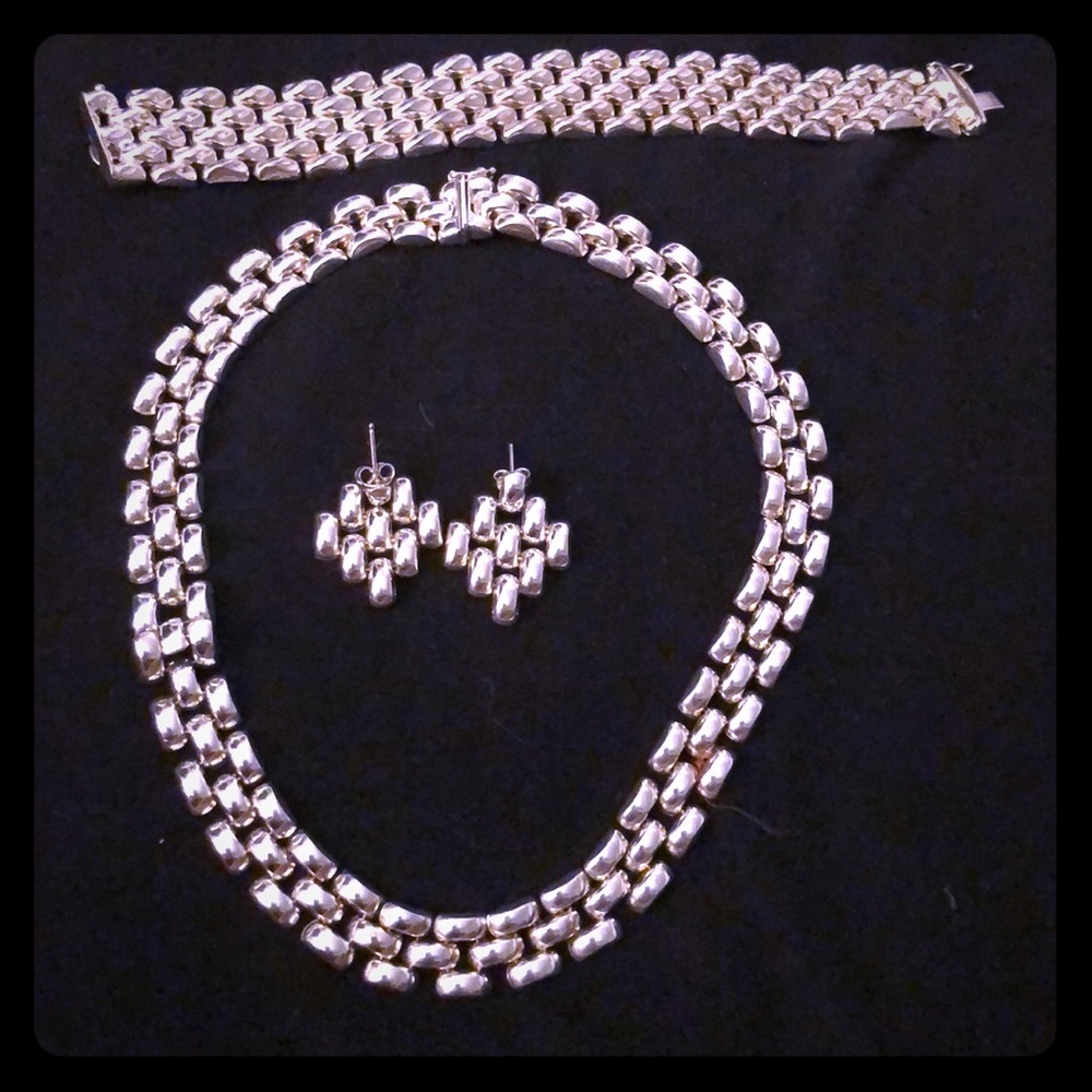 Silver necklace bracelet and earrings set